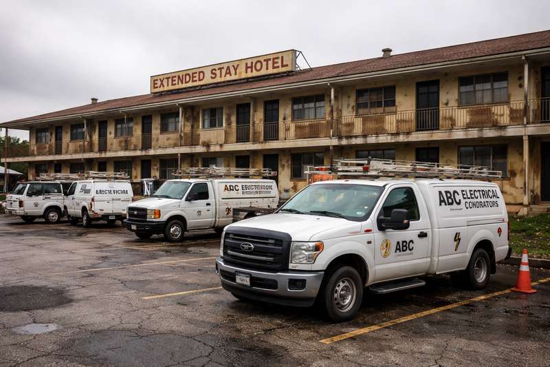 Run-down extended stay hotel with contractor work trucks in parking lot