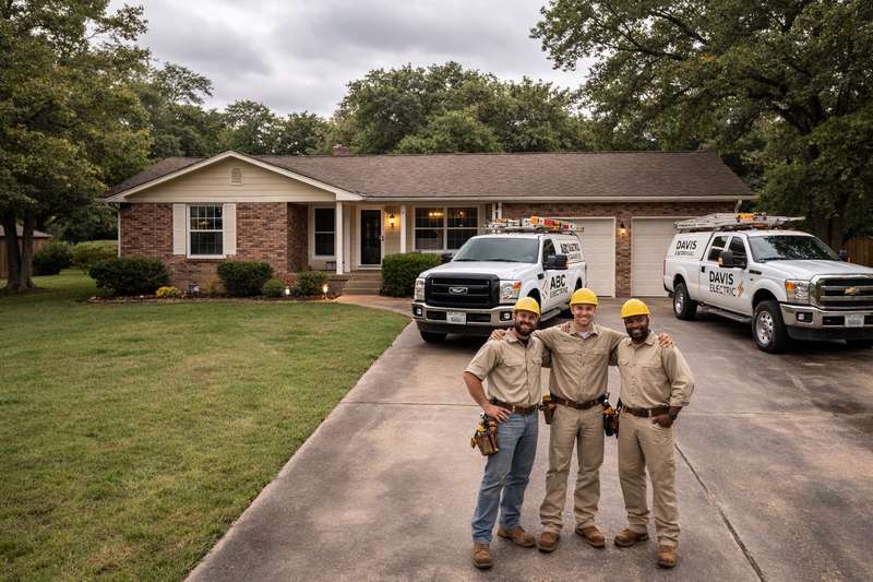 Happy electrical crew standing in front of furnished crew house with work trucks in driveway