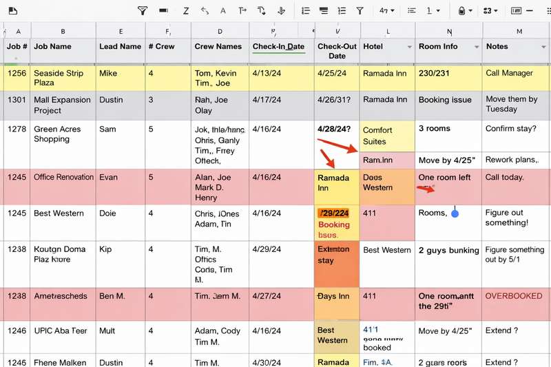 Messy spreadsheet manually tracking crew housing - overbooked, errors everywhere