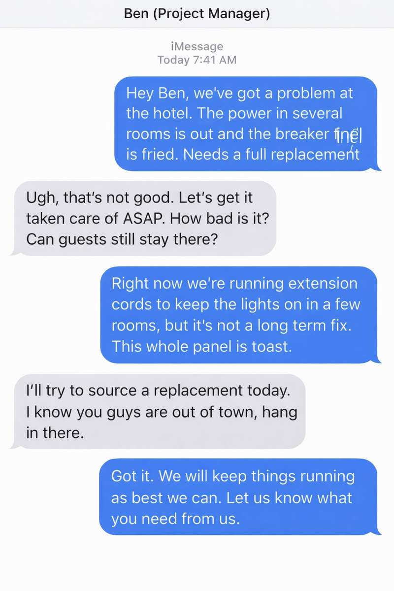 Project manager dealing with housing chaos over text message